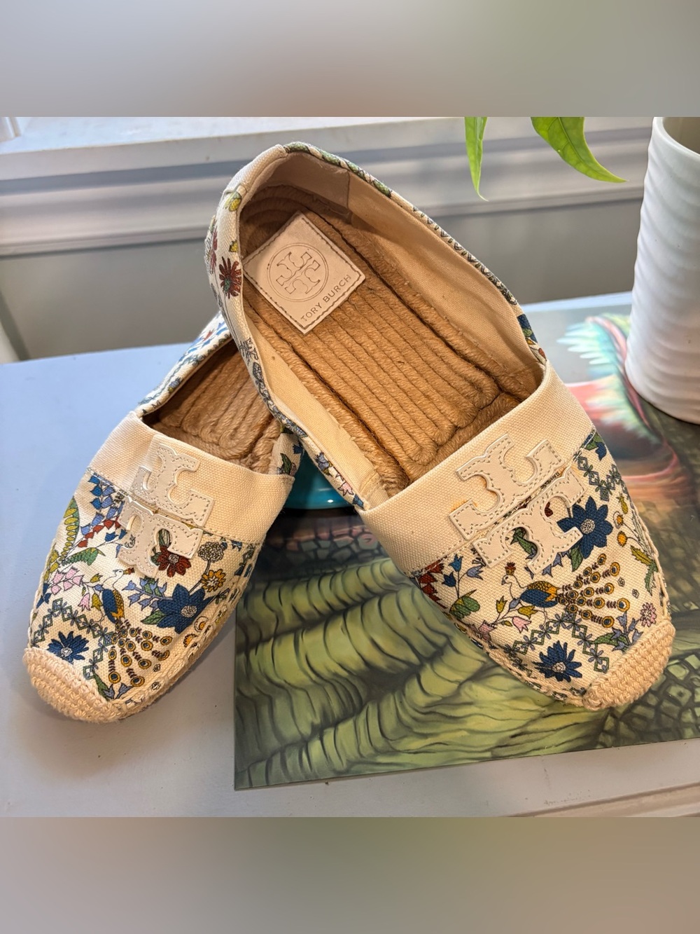 Tory Burch Cream Floral Canvas Espadrille Slip-On